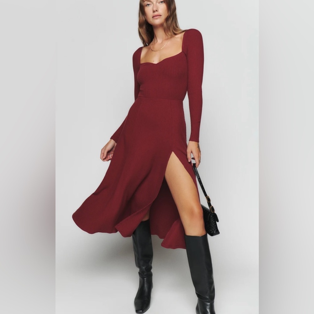 Reformation Banks Long Sleeve Ribbed Knit Midi Dress Red Size Large